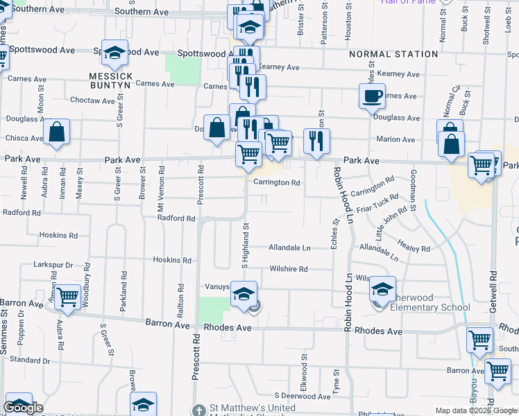 map of restaurants, bars, coffee shops, grocery stores, and more near 935 South Highland Street in Memphis