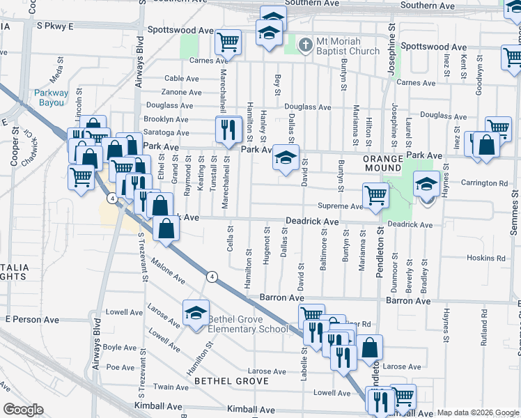 map of restaurants, bars, coffee shops, grocery stores, and more near 1260 Hamilton Street in Memphis