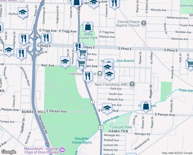 map of restaurants, bars, coffee shops, grocery stores, and more near 1484 South Montgomery Street in Memphis