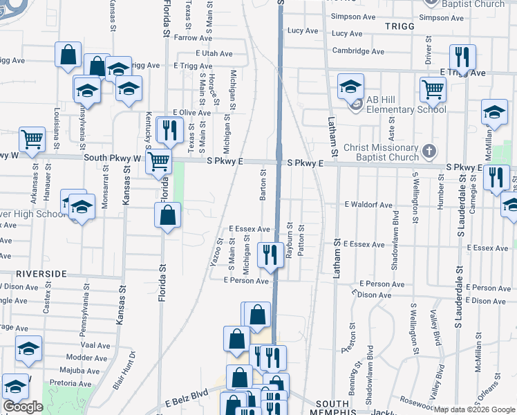 map of restaurants, bars, coffee shops, grocery stores, and more near 1509 Barton Street in Memphis