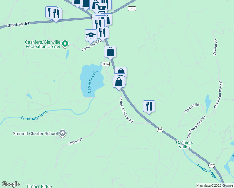 map of restaurants, bars, coffee shops, grocery stores, and more near 16 Cashiers School Road in Cashiers