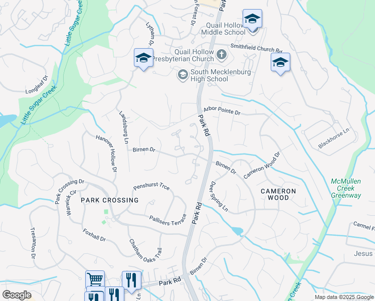 map of restaurants, bars, coffee shops, grocery stores, and more near 9216 North Vicksburg Park Court in Charlotte