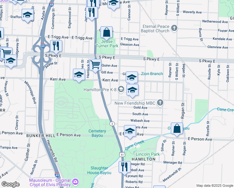 map of restaurants, bars, coffee shops, grocery stores, and more near 1484 South Montgomery Street in Memphis