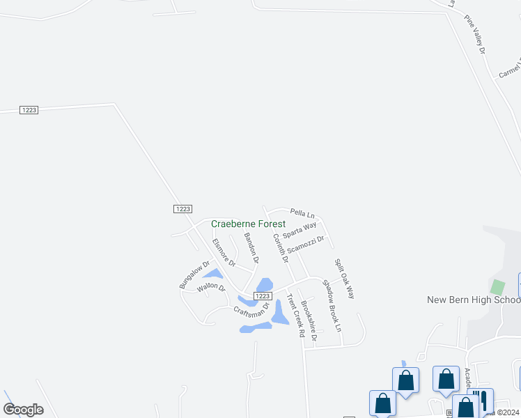 map of restaurants, bars, coffee shops, grocery stores, and more near 159 Corinth Drive in New Bern