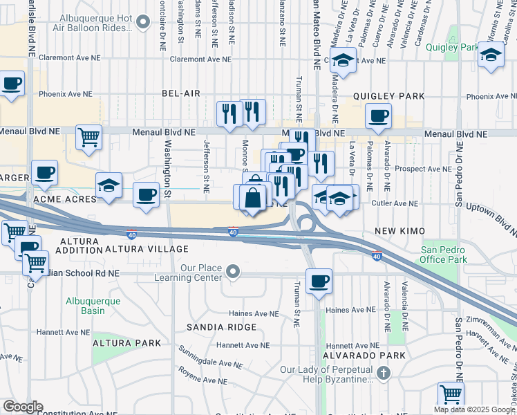 map of restaurants, bars, coffee shops, grocery stores, and more near 2401 Quincy Street Northeast in Albuquerque