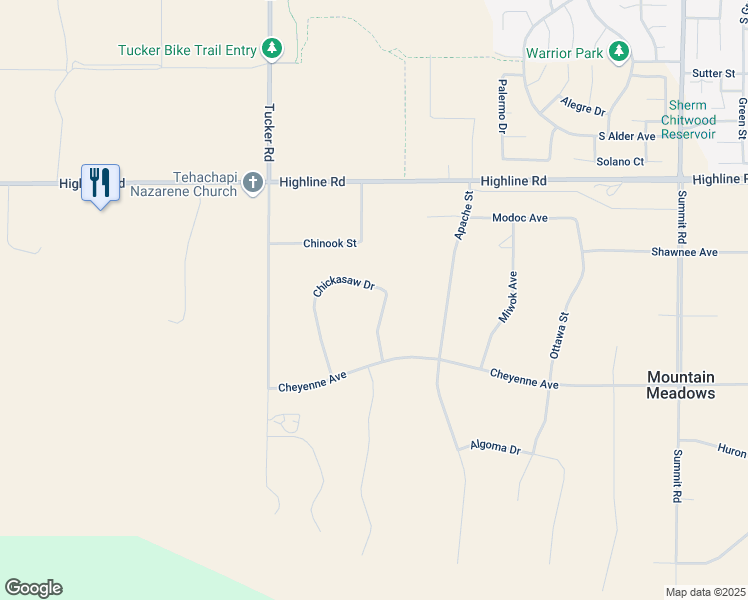 map of restaurants, bars, coffee shops, grocery stores, and more near Chickasaw Drive in Tehachapi