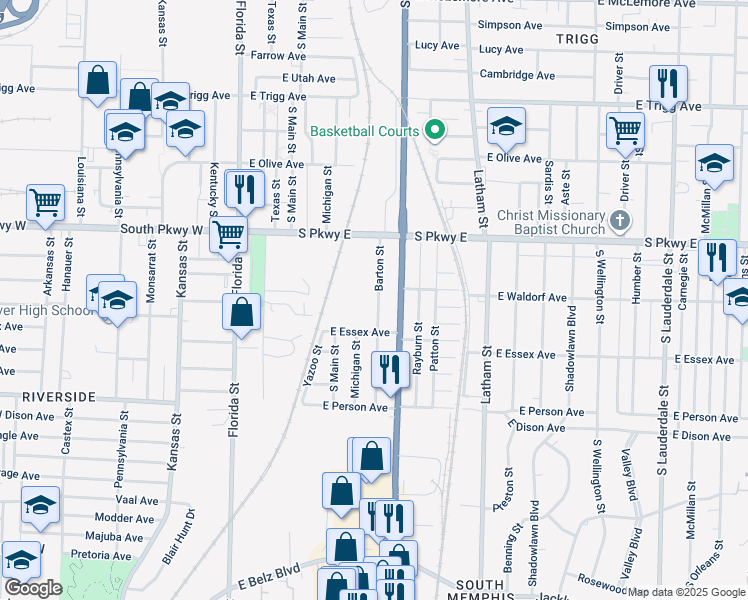 map of restaurants, bars, coffee shops, grocery stores, and more near 1509 Barton Street in Memphis