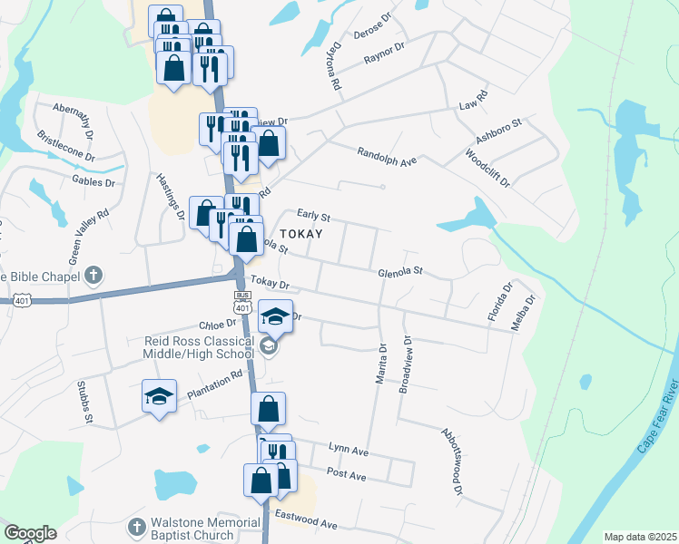 map of restaurants, bars, coffee shops, grocery stores, and more near 301-303 Glenola Street in Fayetteville