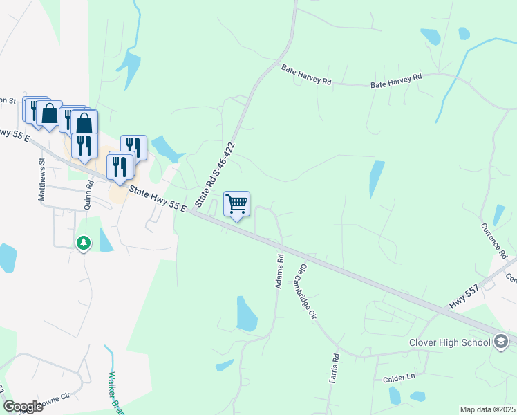 map of restaurants, bars, coffee shops, grocery stores, and more near 1200 State Highway 55 East in Clover