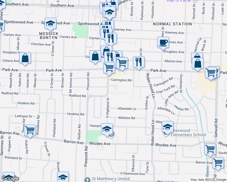 map of restaurants, bars, coffee shops, grocery stores, and more near 935 South Highland Street in Memphis