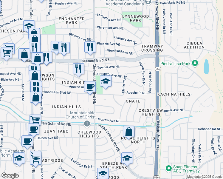 map of restaurants, bars, coffee shops, grocery stores, and more near 12415 Brentwood Hills Boulevard Northeast in Albuquerque