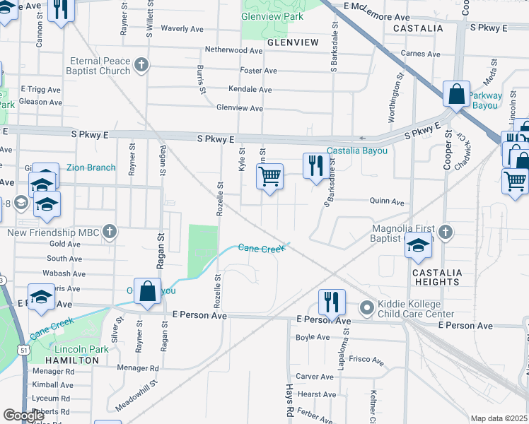 map of restaurants, bars, coffee shops, grocery stores, and more near 1463 South McLean Boulevard in Memphis