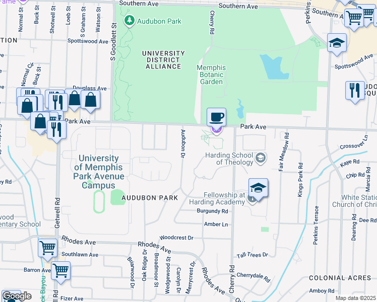 map of restaurants, bars, coffee shops, grocery stores, and more near 4339 Park Avenue in Memphis