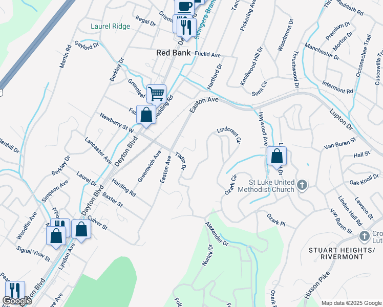 map of restaurants, bars, coffee shops, grocery stores, and more near 3210 Joselin Lane in Chattanooga