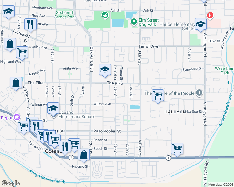 map of restaurants, bars, coffee shops, grocery stores, and more near 2461 Mona Lei Court in Oceano