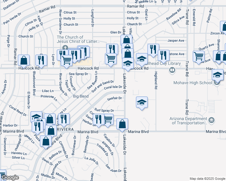 map of restaurants, bars, coffee shops, grocery stores, and more near 1839 Coral Isle Drive in Bullhead City