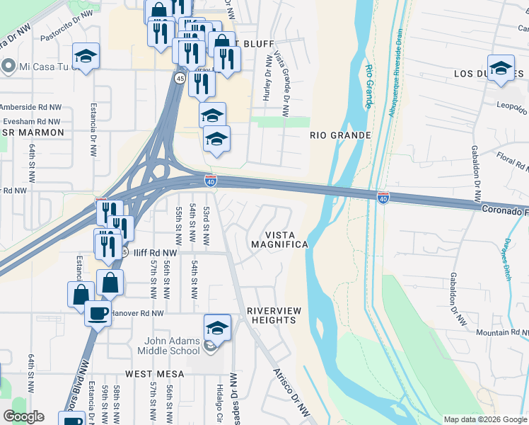 map of restaurants, bars, coffee shops, grocery stores, and more near 5021 Cascade Place Northwest in Albuquerque