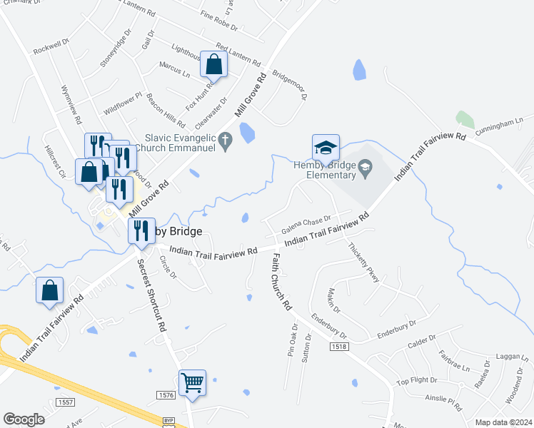 map of restaurants, bars, coffee shops, grocery stores, and more near 6010 Hemby Commons Parkway in Indian Trail