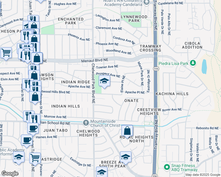 map of restaurants, bars, coffee shops, grocery stores, and more near 12412 Apache Place Northeast in Albuquerque