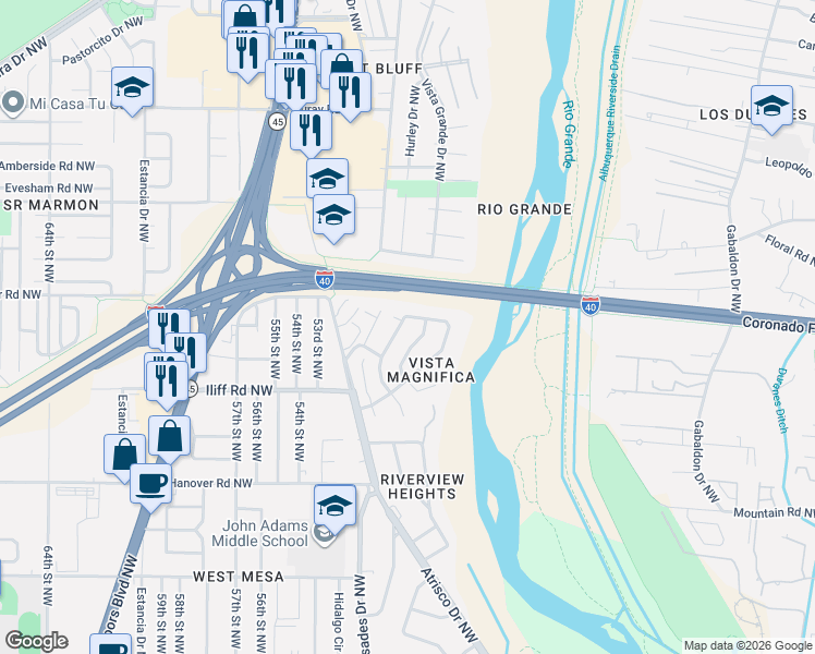 map of restaurants, bars, coffee shops, grocery stores, and more near 5021 Cascade Place Northwest in Albuquerque