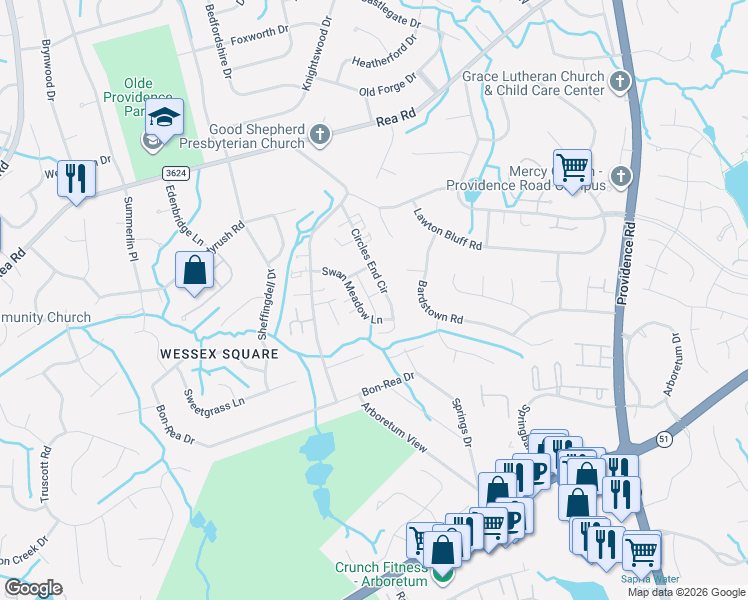 map of restaurants, bars, coffee shops, grocery stores, and more near 3031 Circles End Circle in Charlotte