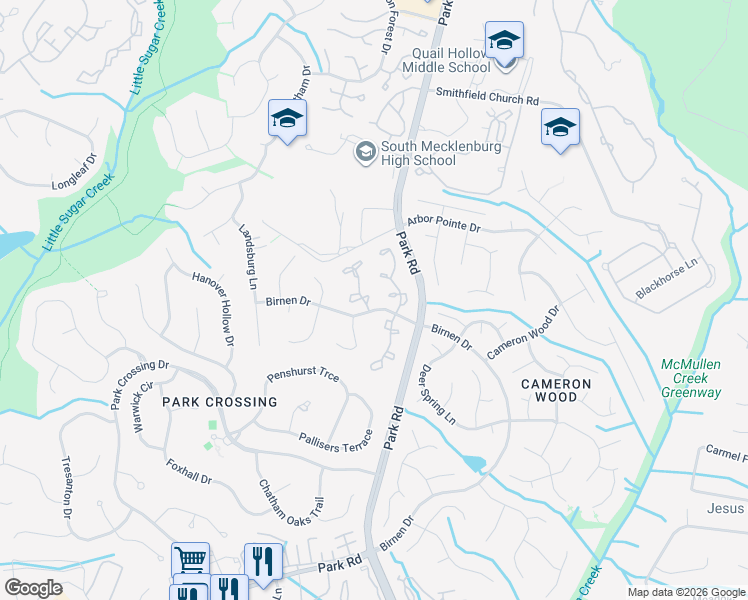 map of restaurants, bars, coffee shops, grocery stores, and more near 9216 North Vicksburg Park Court in Charlotte