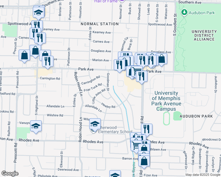 map of restaurants, bars, coffee shops, grocery stores, and more near 928 Goodman Street in Memphis