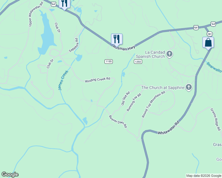 map of restaurants, bars, coffee shops, grocery stores, and more near 651 Winding Creek Road in Sapphire