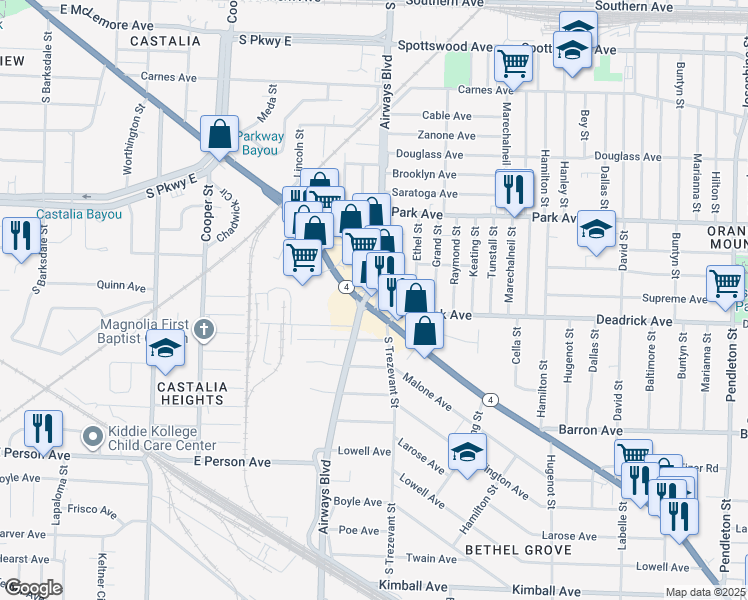 map of restaurants, bars, coffee shops, grocery stores, and more near 1452 South Trezevant Street in Memphis