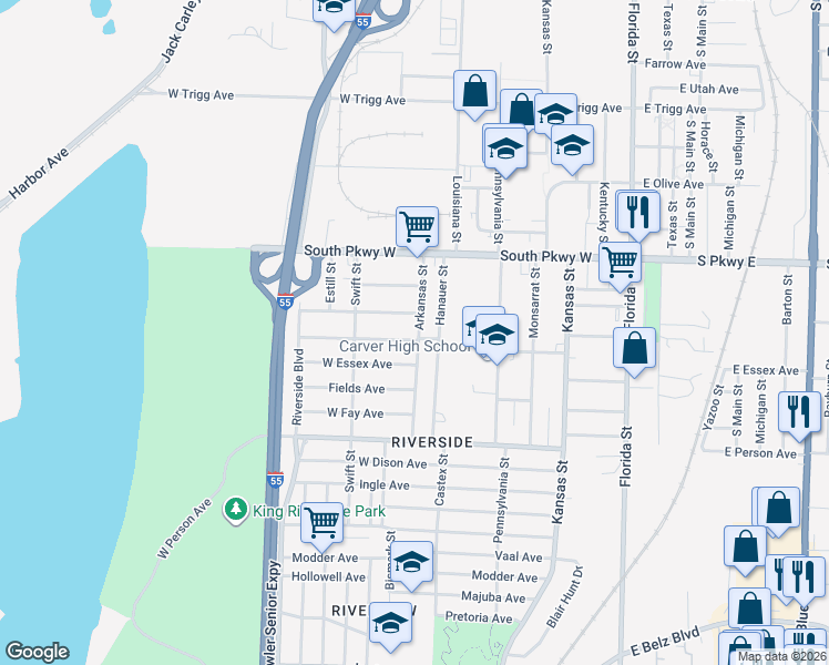 map of restaurants, bars, coffee shops, grocery stores, and more near 1526 Arkansas Street in Memphis