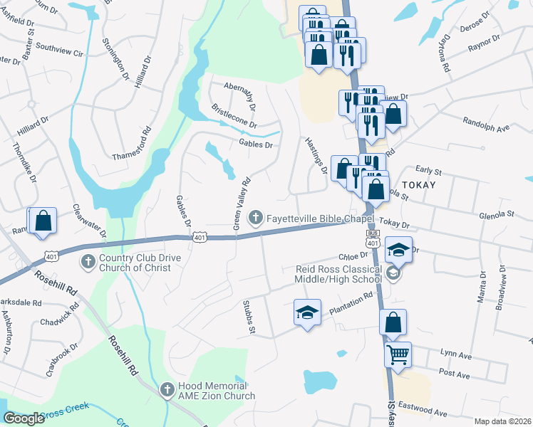 map of restaurants, bars, coffee shops, grocery stores, and more near 404 Country Club Dr in Fayetteville