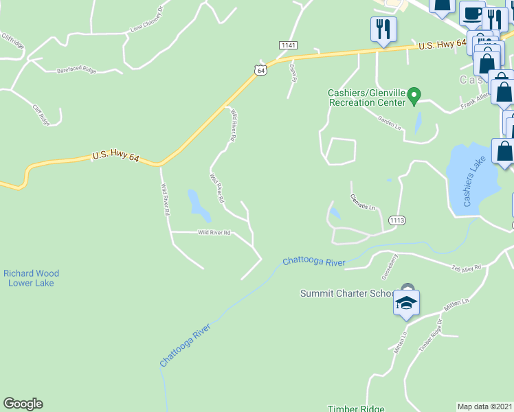 map of restaurants, bars, coffee shops, grocery stores, and more near 132 Stillwater Road in Cashiers