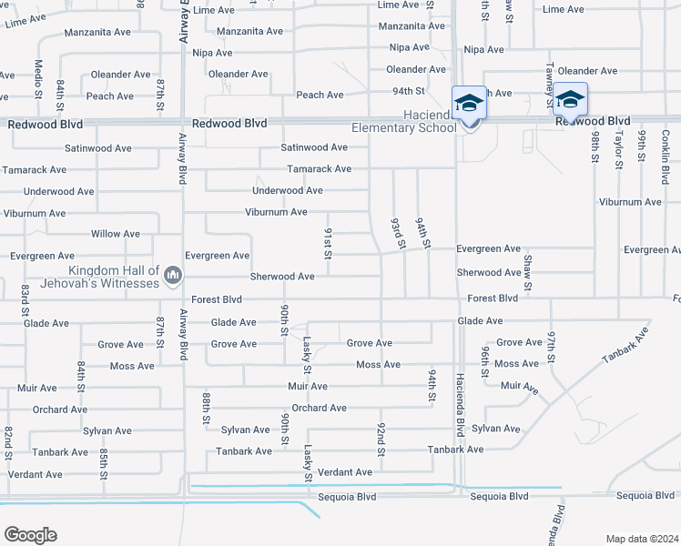 map of restaurants, bars, coffee shops, grocery stores, and more near Sherwood Avenue in California City