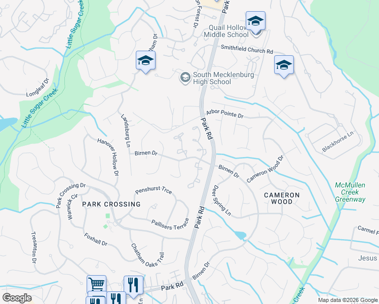 map of restaurants, bars, coffee shops, grocery stores, and more near 9216 North Vicksburg Park Court in Charlotte