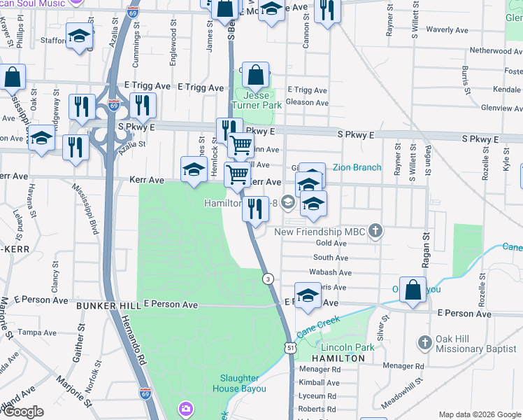 map of restaurants, bars, coffee shops, grocery stores, and more near 1484 South Montgomery Street in Memphis