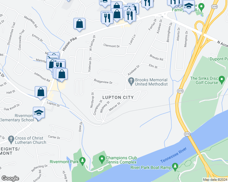 map of restaurants, bars, coffee shops, grocery stores, and more near 3655 Crompton Street in Chattanooga