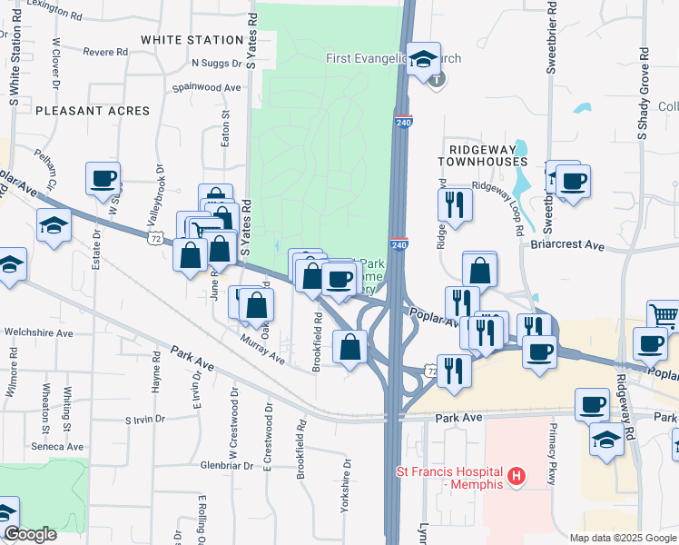 map of restaurants, bars, coffee shops, grocery stores, and more near 5668 Poplar Avenue in Memphis