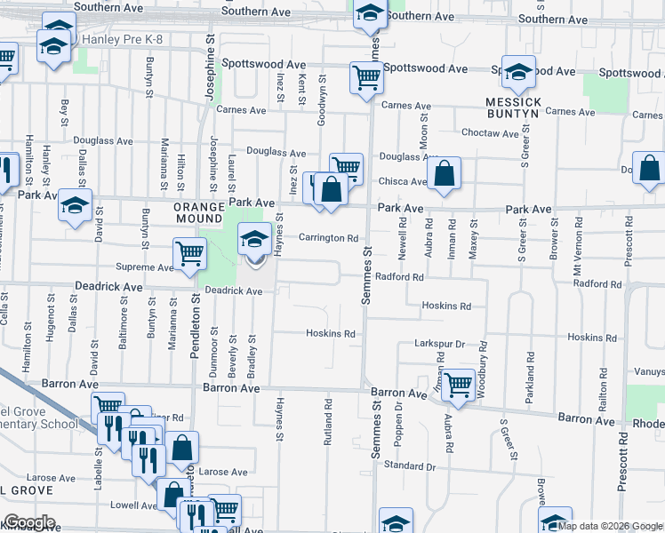 map of restaurants, bars, coffee shops, grocery stores, and more near 2988 North Radford Road in Memphis