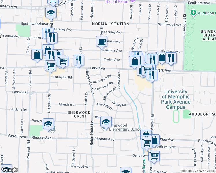 map of restaurants, bars, coffee shops, grocery stores, and more near 3766 Friar Tuck Road in Memphis