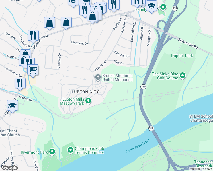 map of restaurants, bars, coffee shops, grocery stores, and more near 3903 Arkwright Street in Chattanooga
