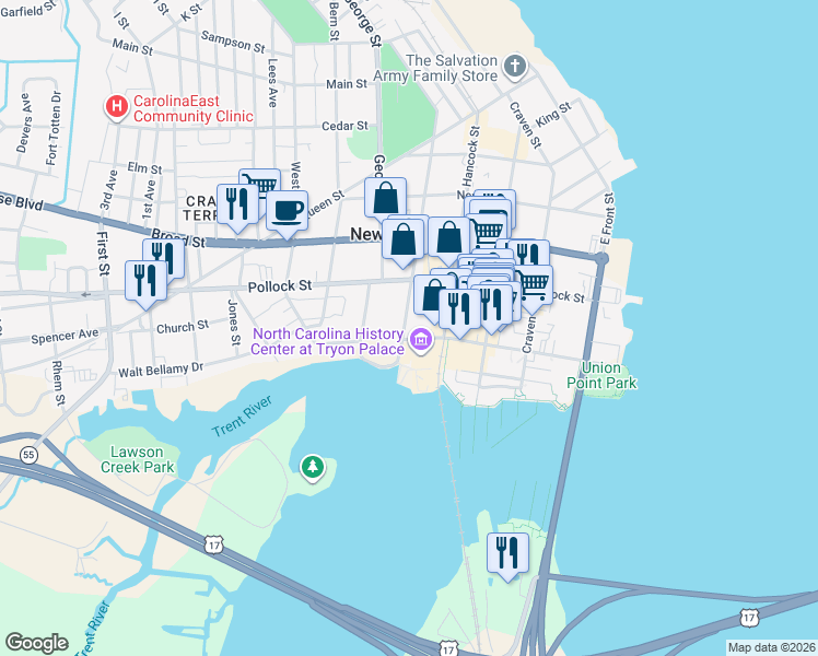 map of restaurants, bars, coffee shops, grocery stores, and more near 208 Metcalf Street in New Bern
