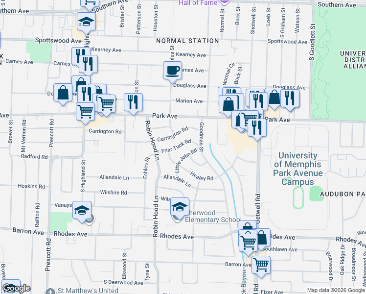 map of restaurants, bars, coffee shops, grocery stores, and more near 3766 Friar Tuck Road in Memphis
