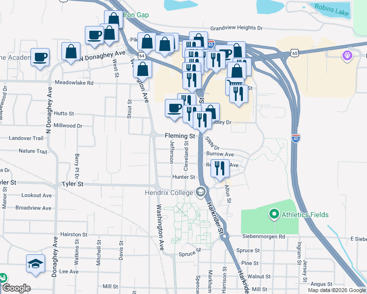 map of restaurants, bars, coffee shops, grocery stores, and more near 2015 Cleveland Street in Conway