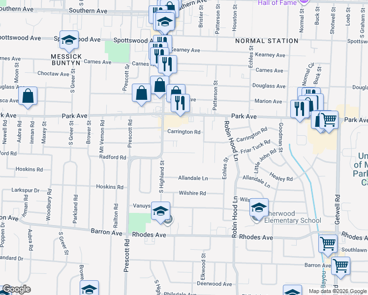 map of restaurants, bars, coffee shops, grocery stores, and more near 3537 Carrington Road in Memphis