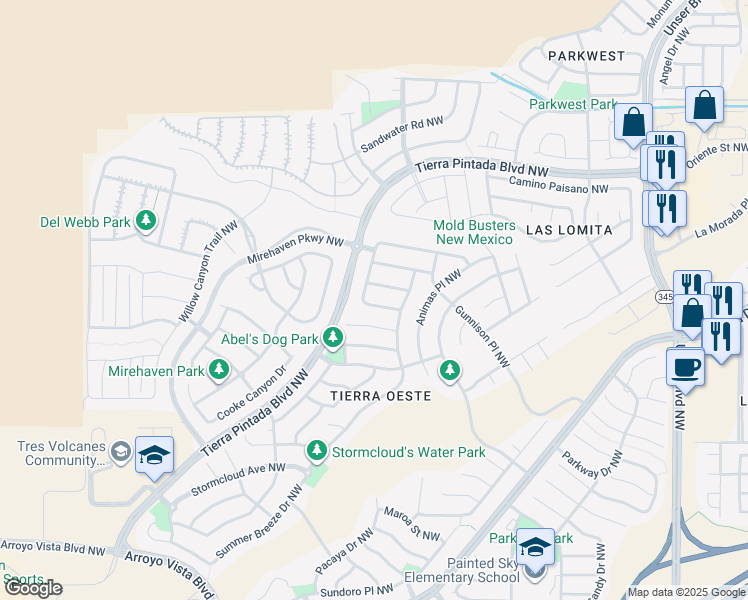 map of restaurants, bars, coffee shops, grocery stores, and more near 8824 Wind Sock Road Northwest in Albuquerque
