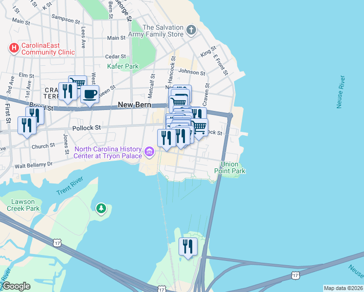 map of restaurants, bars, coffee shops, grocery stores, and more near 232 Middle Street in New Bern