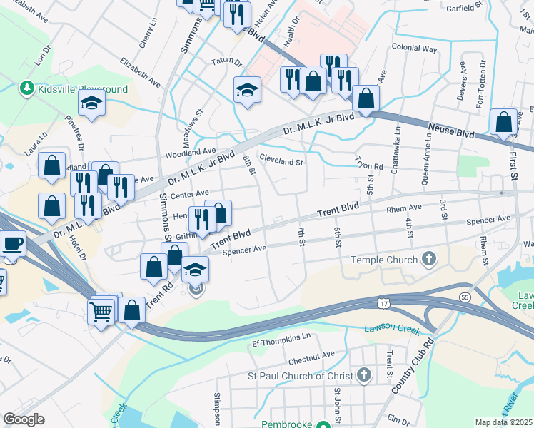 map of restaurants, bars, coffee shops, grocery stores, and more near 500 8th Street in New Bern