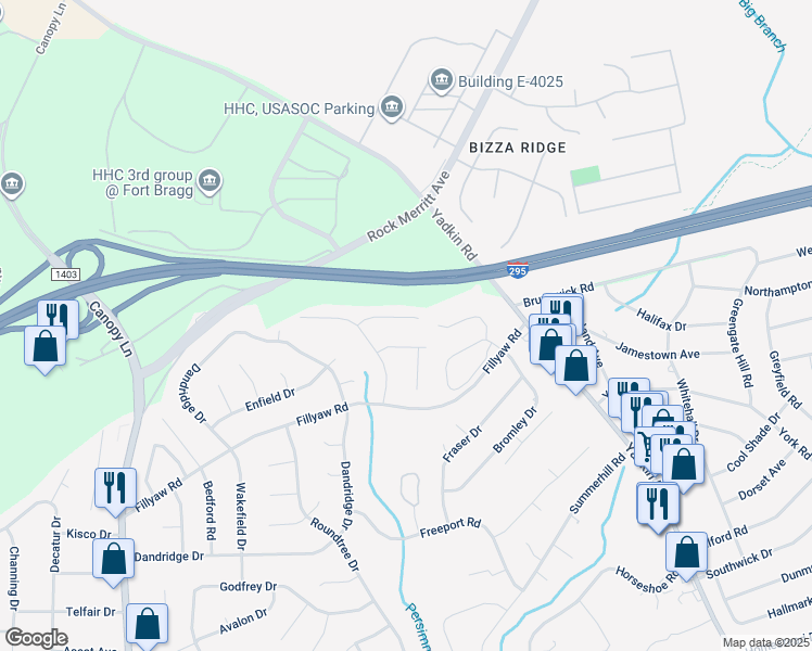 map of restaurants, bars, coffee shops, grocery stores, and more near 6467 Kelmscot Court in Fayetteville