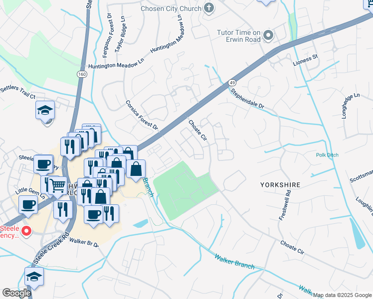 map of restaurants, bars, coffee shops, grocery stores, and more near 12740 Persimmon Tree Drive in Charlotte