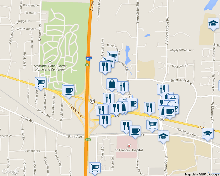 map of restaurants, bars, coffee shops, grocery stores, and more near 5858 Ridgeway Center Parkway in Memphis